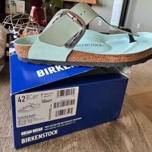 Birkenstock Gizeh Sandals with Mint Strap and Silver Buckle